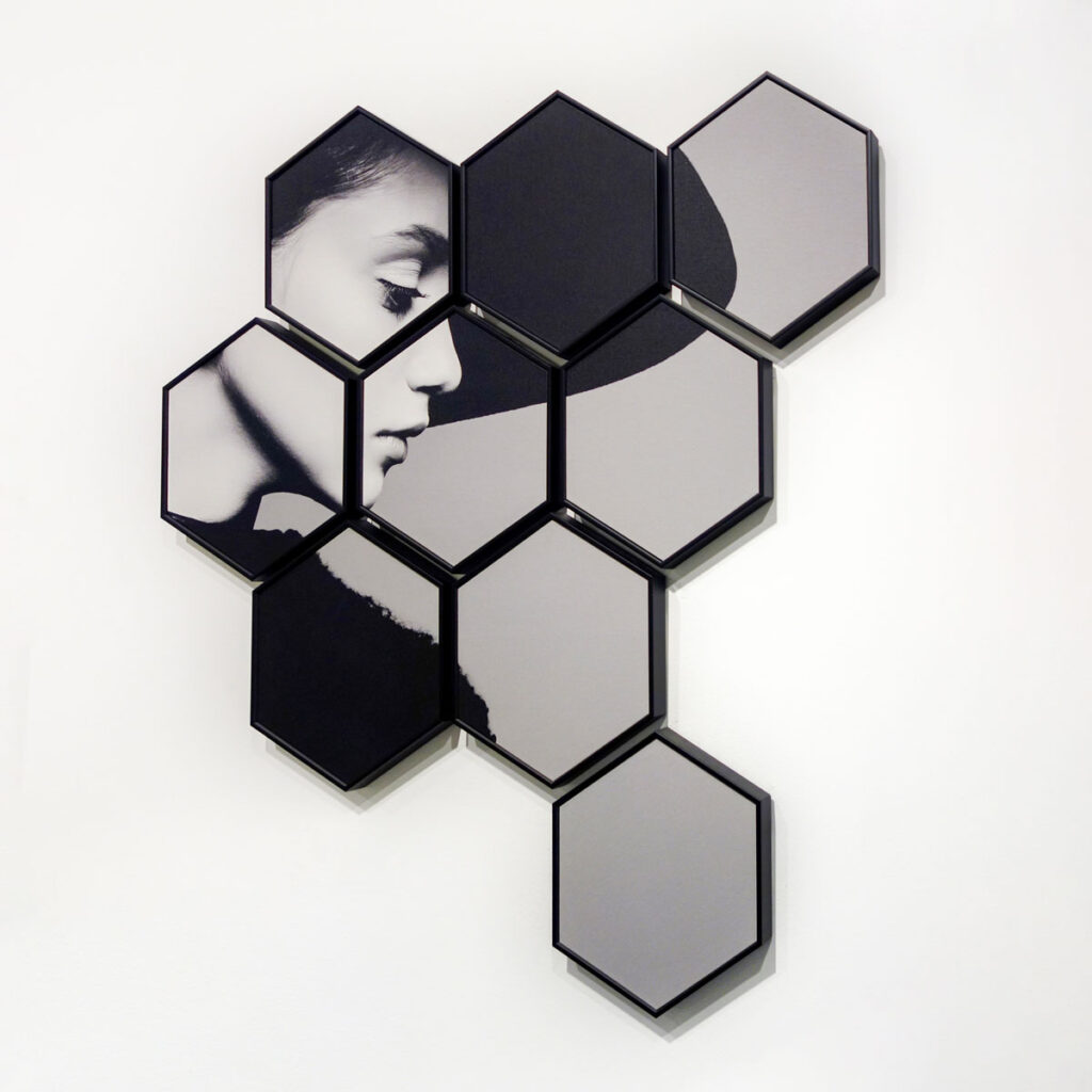 B&W Lady Portrait Canvas Print in a Modern Looking 9-pc Hexagon shape black frame