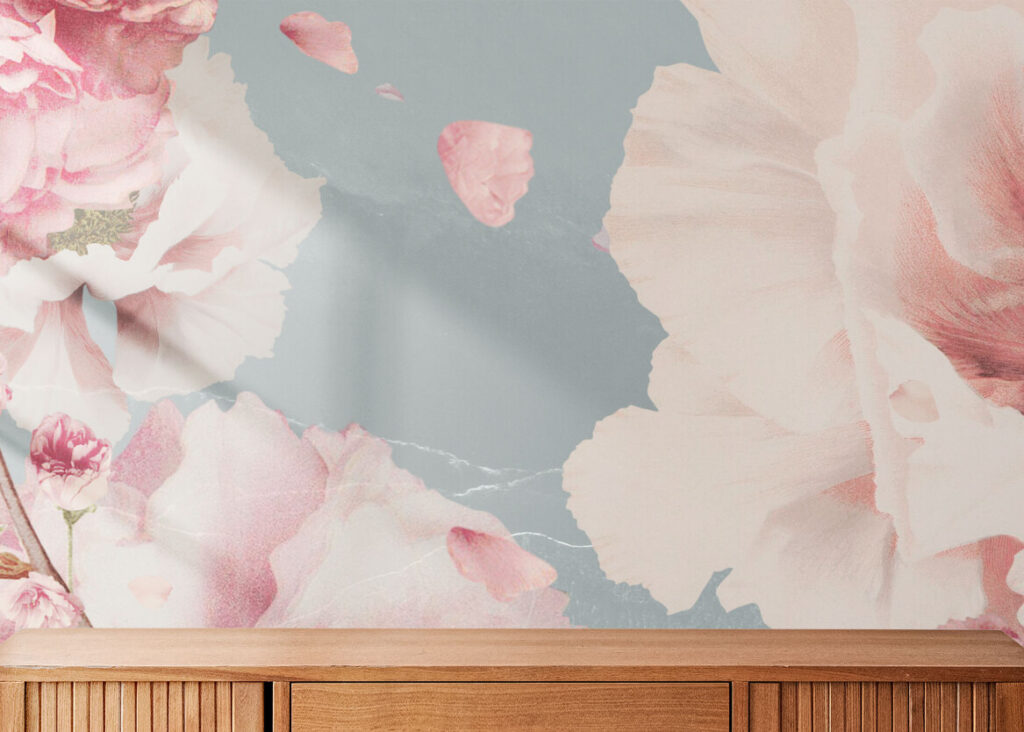 Pink Peonies Flower Wallpaper behind sideboard